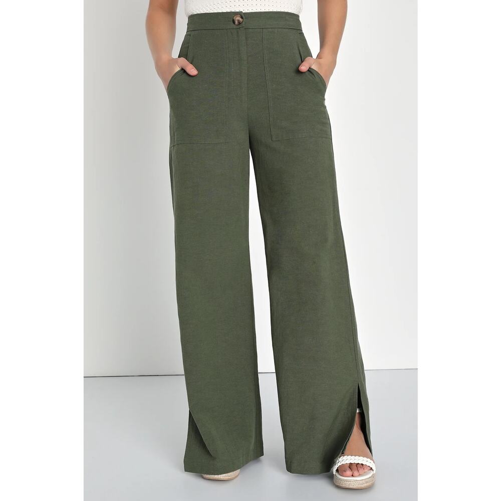 Lulus Jet Stream Olive Green High-Waisted Wide-Leg Pants Slit Hem Linen Blend Sm - Picture 2 of 14